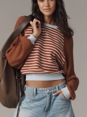 Pilcro Niki Knit Sleeve Striped Crewneck Sweater with Light Blue Trim